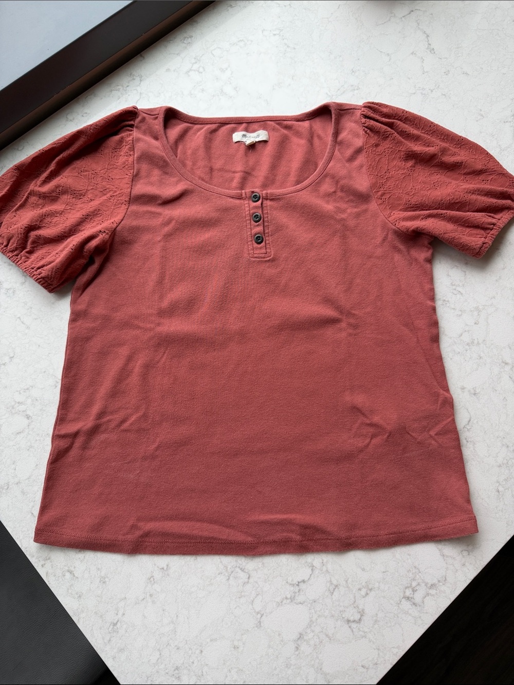 Madewell Short Sleeve Scoop Henley Top in Dusty Rose-Coral